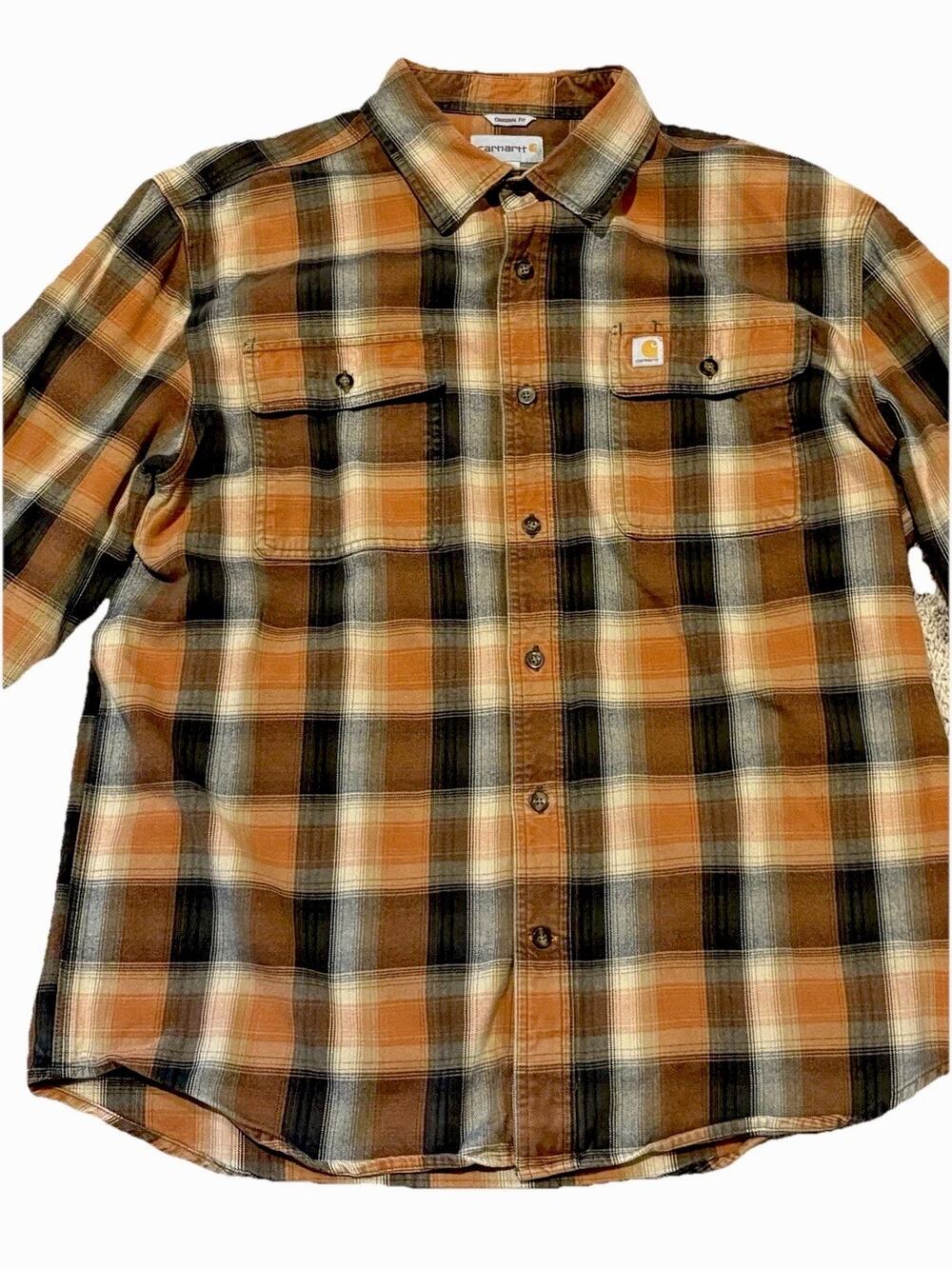 Carhartt Hubbard Flannel Shirt Mens L Heavyweight Orange Brown Plaid 103822 LS